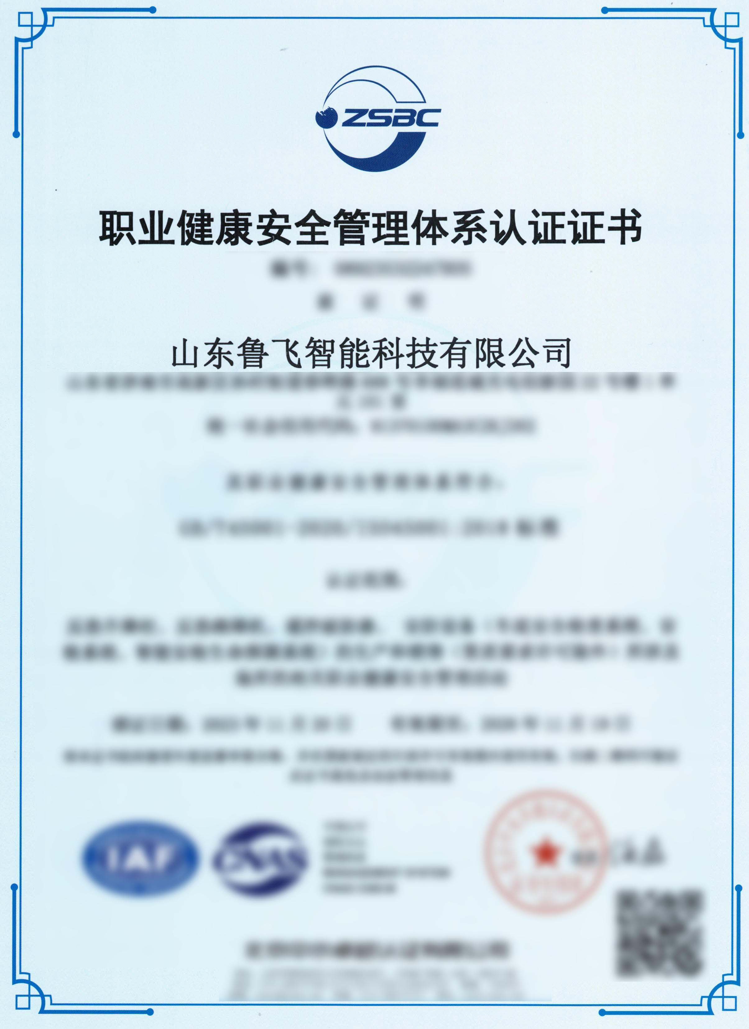 職業(yè)健康安全管理體系認證證書